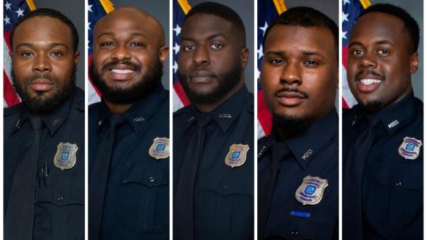 A combination photo shows five Black men wearing police uniforms and posing in front of a flag. 