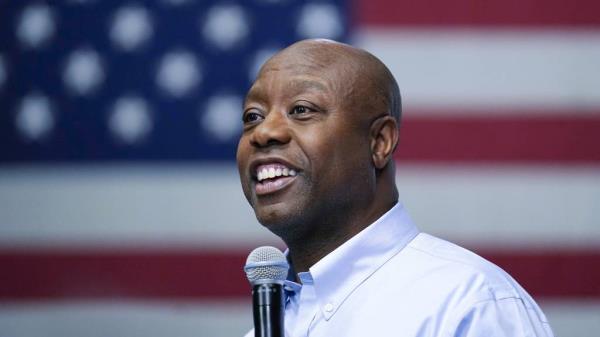 Sen. Tim Scott, R-S.C., speaks during a town hall, Monday, May 8, 2023, in Manchester, N.H. 