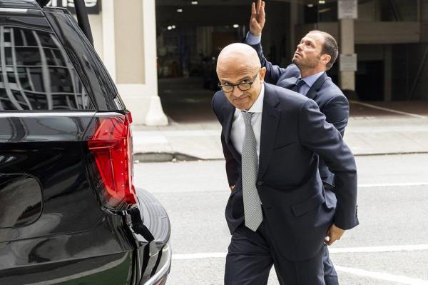 Microsoft CEO Satya Nadella arrives at the Phillip Burton Federal Building and U.S. Courthouse on Wednesday, June 28, 2023, in San Francisco. 
