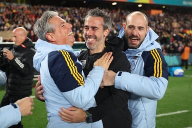 Jorge Vilda and his staff celebrate after the semi-final win over Sweden