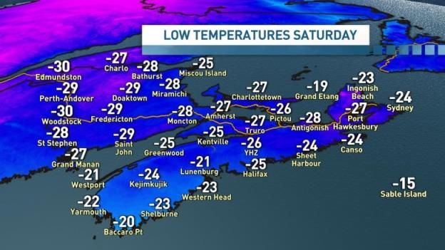 Graphic showing low temperatures across Nova Scotia.