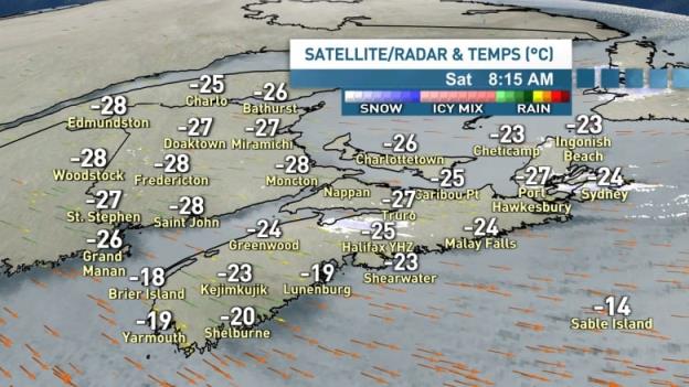 A map of Nova Scotia shows cold temperatures across the province on Saturday morning.